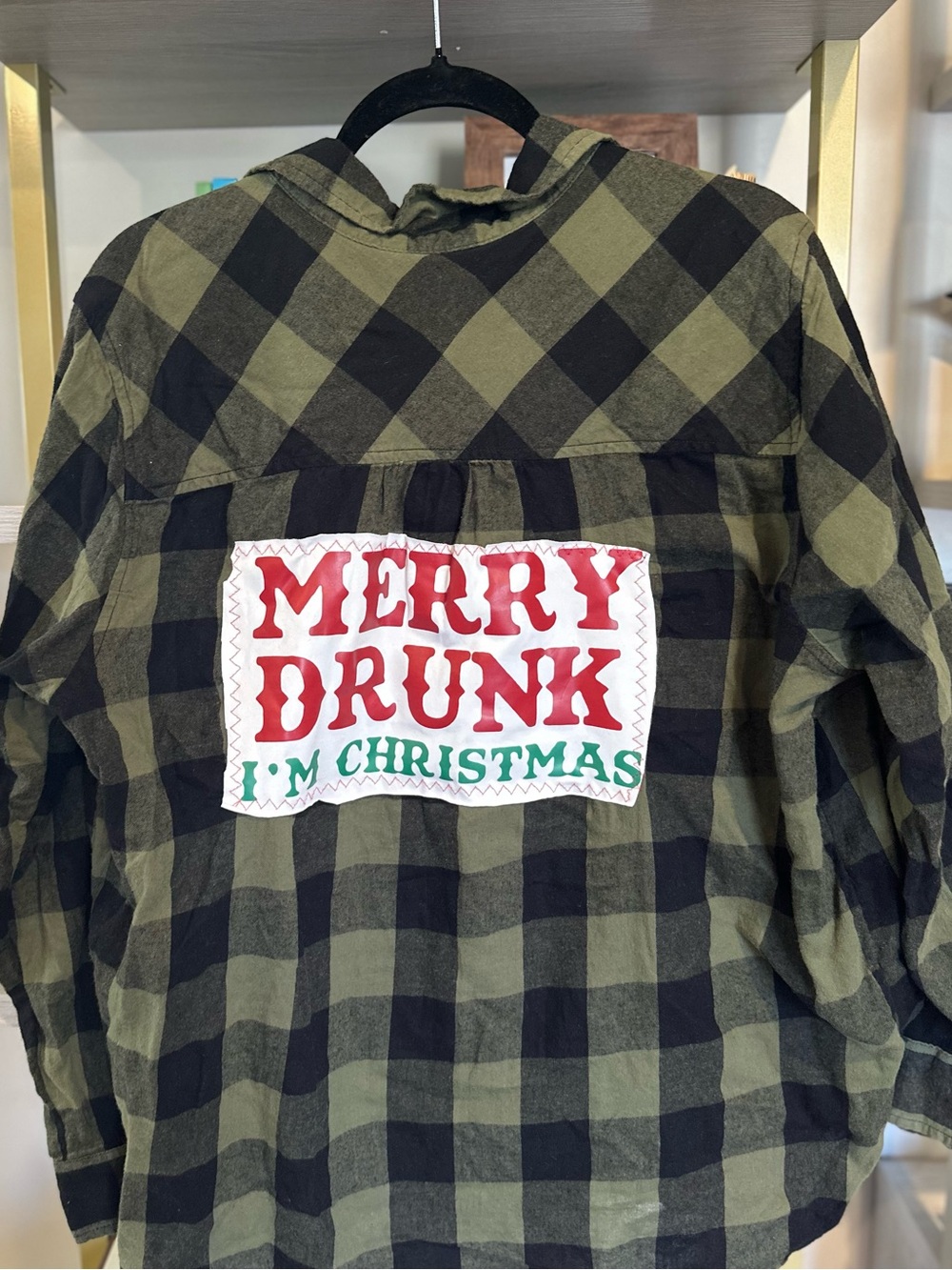 Women’s Green Plaid Holiday Flannel Shirt with 'Merry Drunk I'm Christmas' Patch
